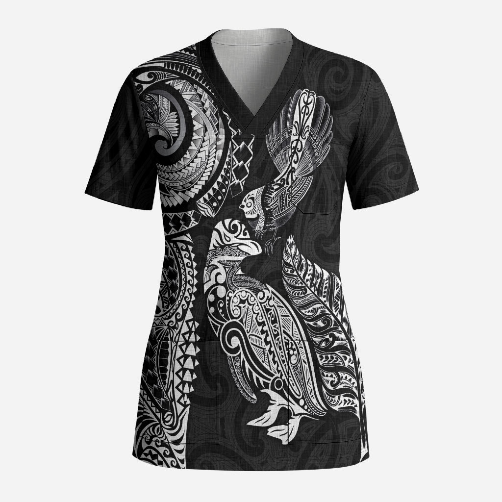 Aotearoa Moko Tribal Tattoo Scrub Top New Zealand Maori Penguin and Fantail Black Color