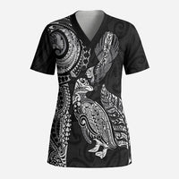 Aotearoa Moko Tribal Tattoo Scrub Top New Zealand Maori Penguin and Fantail Black Color LT03 Adult Black - Polynesian Pride
