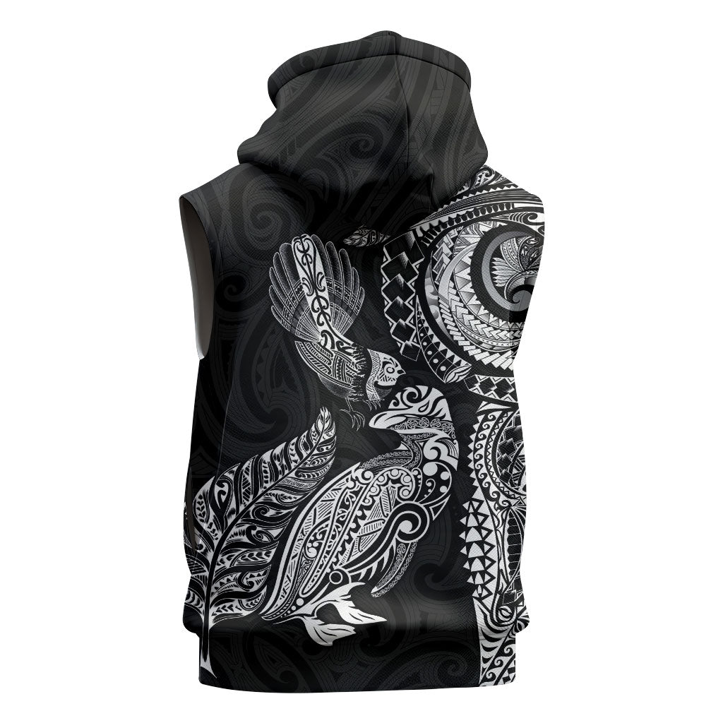 Aotearoa Moko Tribal Tattoo Sleeveless Zip Hoodie New Zealand Maori Penguin and Fantail Black Color LT03 - Polynesian Pride