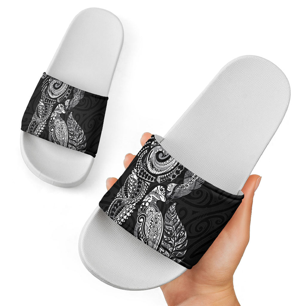 Aotearoa Moko Tribal Tattoo Slide Sandals New Zealand Maori Penguin and Fantail Black Color LT03 - Polynesian Pride