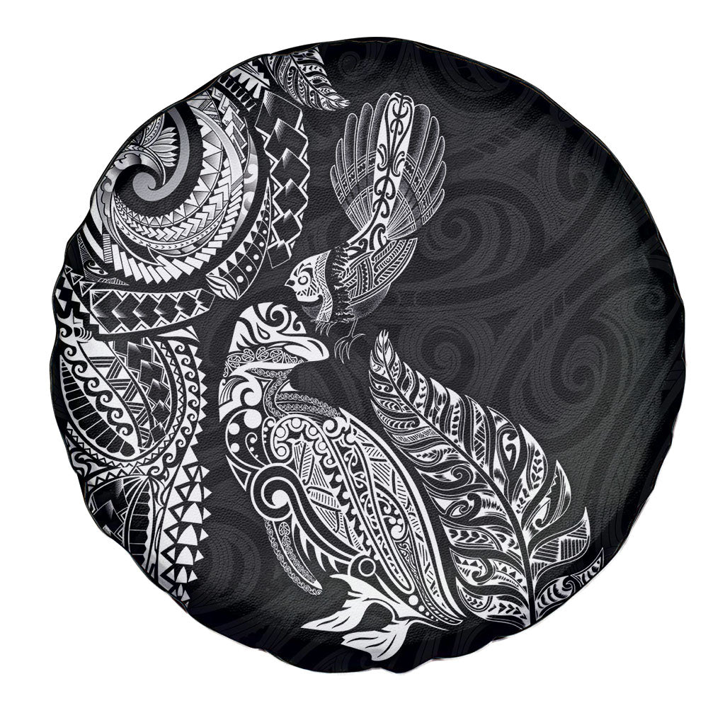 Aotearoa Moko Tribal Tattoo Spare Tire Cover New Zealand Maori Penguin and Fantail Black Color LT03 - Polynesian Pride