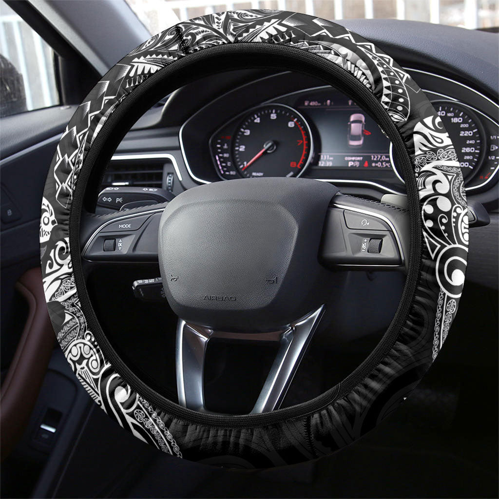 Aotearoa Moko Tribal Tattoo Steering Wheel Cover New Zealand Maori Penguin and Fantail Black Color LT03 - Polynesian Pride