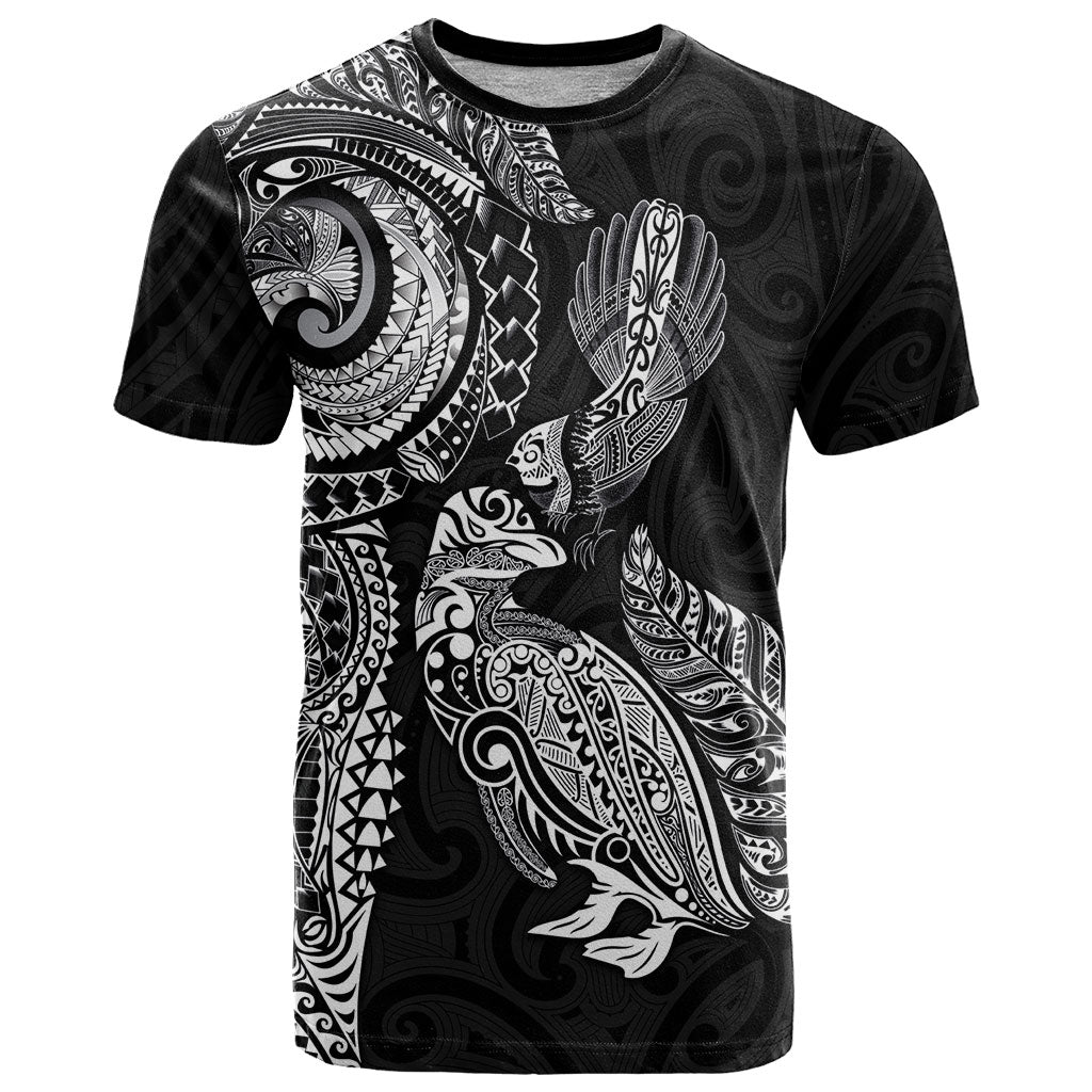Aotearoa Moko Tribal Tattoo T Shirt New Zealand Maori Penguin and Fantail Black Color LT03 Black - Polynesian Pride