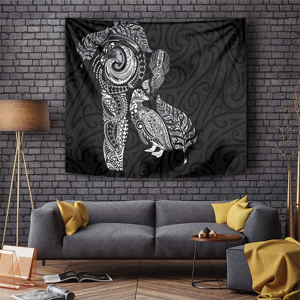 Aotearoa Moko Tribal Tattoo Tapestry New Zealand Maori Penguin and Fantail Black Color LT03 Black - Polynesian Pride