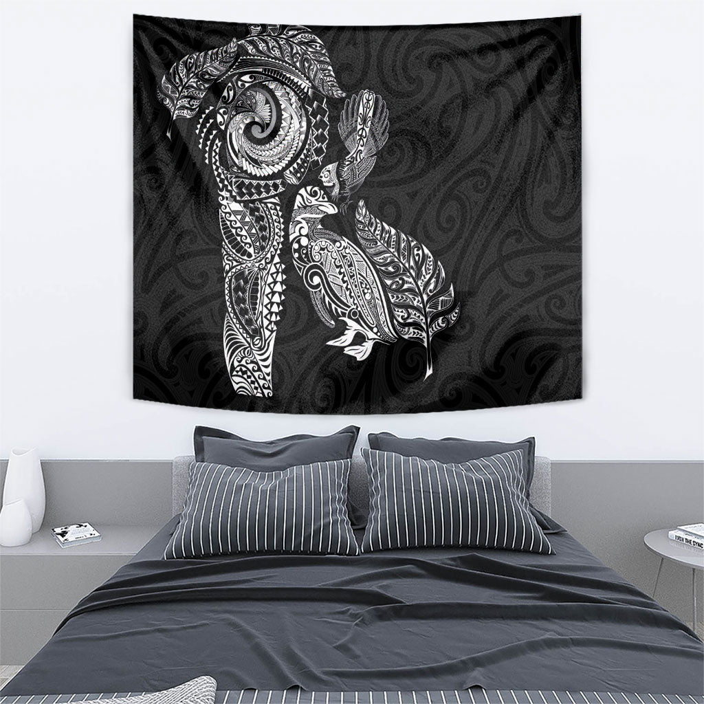 Aotearoa Moko Tribal Tattoo Tapestry New Zealand Maori Penguin and Fantail Black Color LT03 - Polynesian Pride