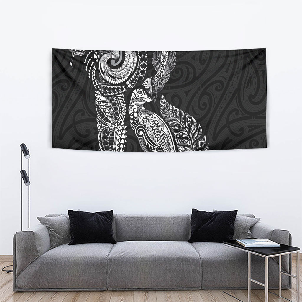 Aotearoa Moko Tribal Tattoo Tapestry New Zealand Maori Penguin and Fantail Black Color LT03 - Polynesian Pride