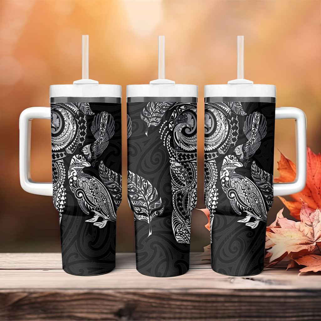 Aotearoa Moko Tribal Tattoo Tumbler With Handle New Zealand Maori Penguin and Fantail Black Color LT03 - Polynesian Pride