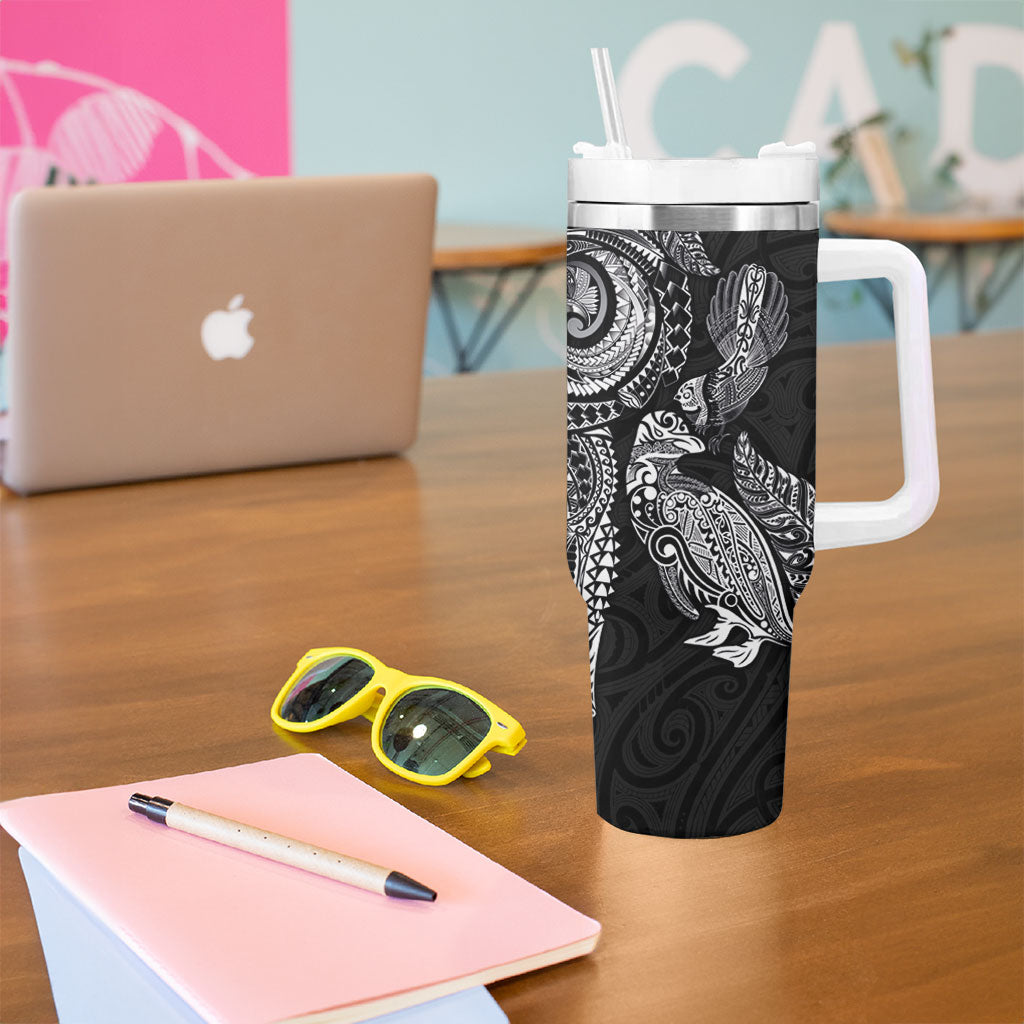 Aotearoa Moko Tribal Tattoo Tumbler With Handle New Zealand Maori Penguin and Fantail Black Color LT03 - Polynesian Pride