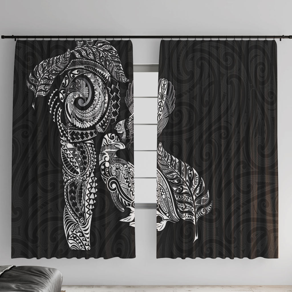 Aotearoa Moko Tribal Tattoo Window Curtain New Zealand Maori Penguin and Fantail Black Color LT03 With Hooks Black - Polynesian Pride