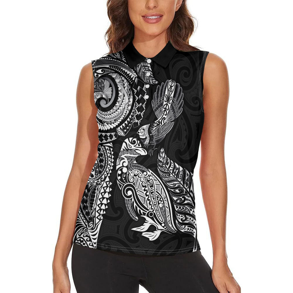 Aotearoa Moko Tribal Tattoo Women Sleeveless Polo Shirt New Zealand Maori Penguin and Fantail Black Color LT03 - Polynesian Pride