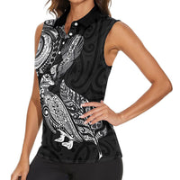 Aotearoa Moko Tribal Tattoo Women Sleeveless Polo Shirt New Zealand Maori Penguin and Fantail Black Color LT03 - Polynesian Pride