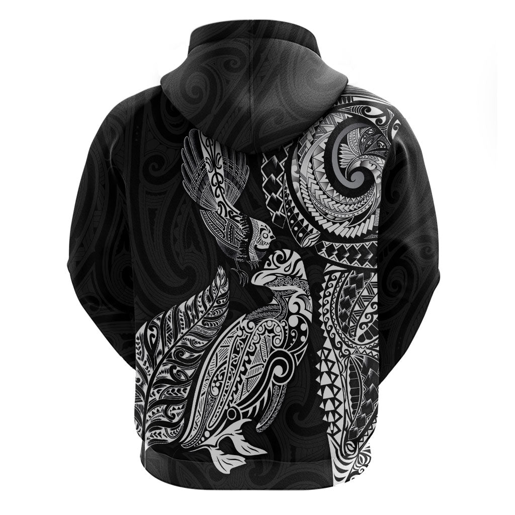 Aotearoa Moko Tribal Tattoo Zip Hoodie New Zealand Maori Penguin and Fantail Black Color LT03 - Polynesian Pride