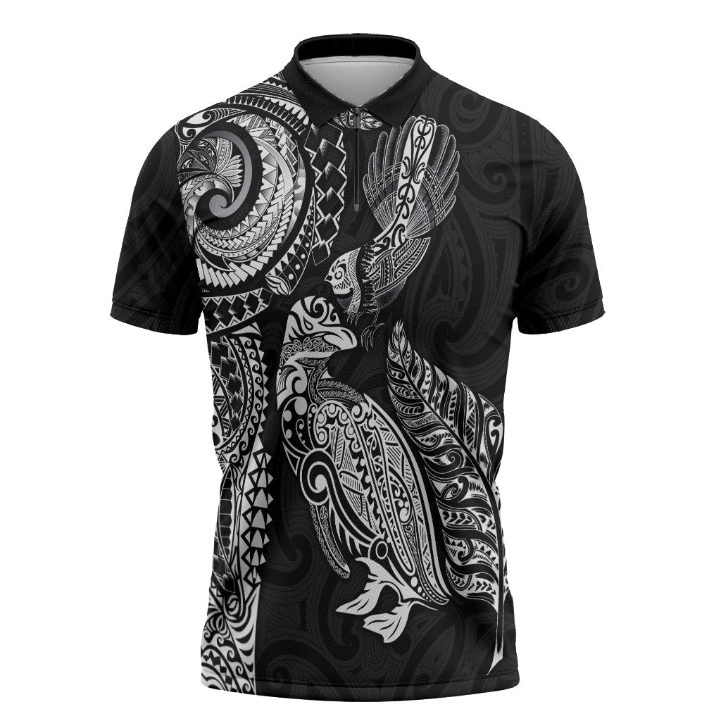 Aotearoa Moko Tribal Tattoo Zipper Polo Shirt New Zealand Maori Penguin and Fantail Black Color