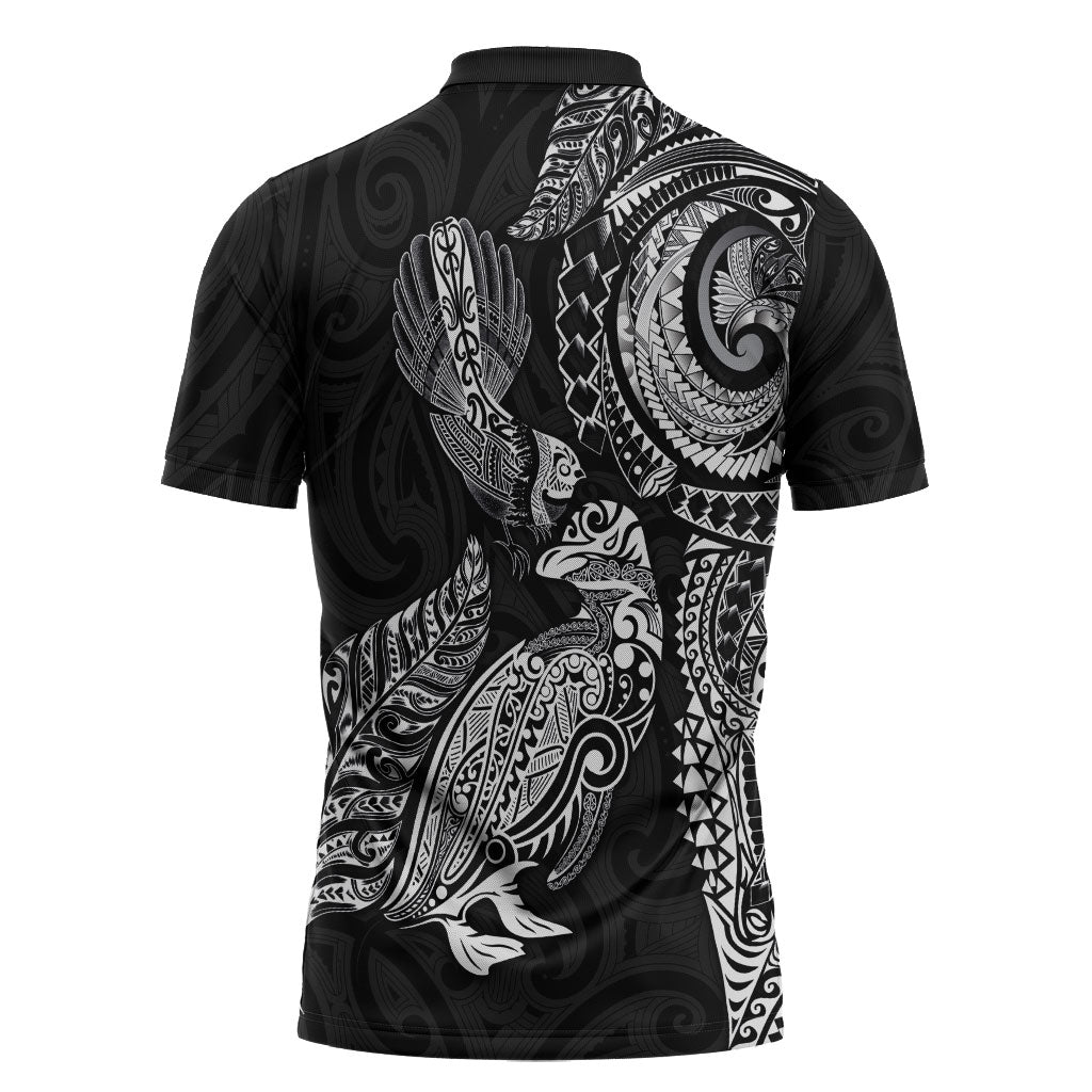 Aotearoa Moko Tribal Tattoo Zipper Polo Shirt New Zealand Maori Penguin and Fantail Black Color LT03 - Polynesian Pride