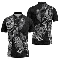 Aotearoa Moko Tribal Tattoo Zipper Polo Shirt New Zealand Maori Penguin and Fantail Black Color LT03 - Polynesian Pride