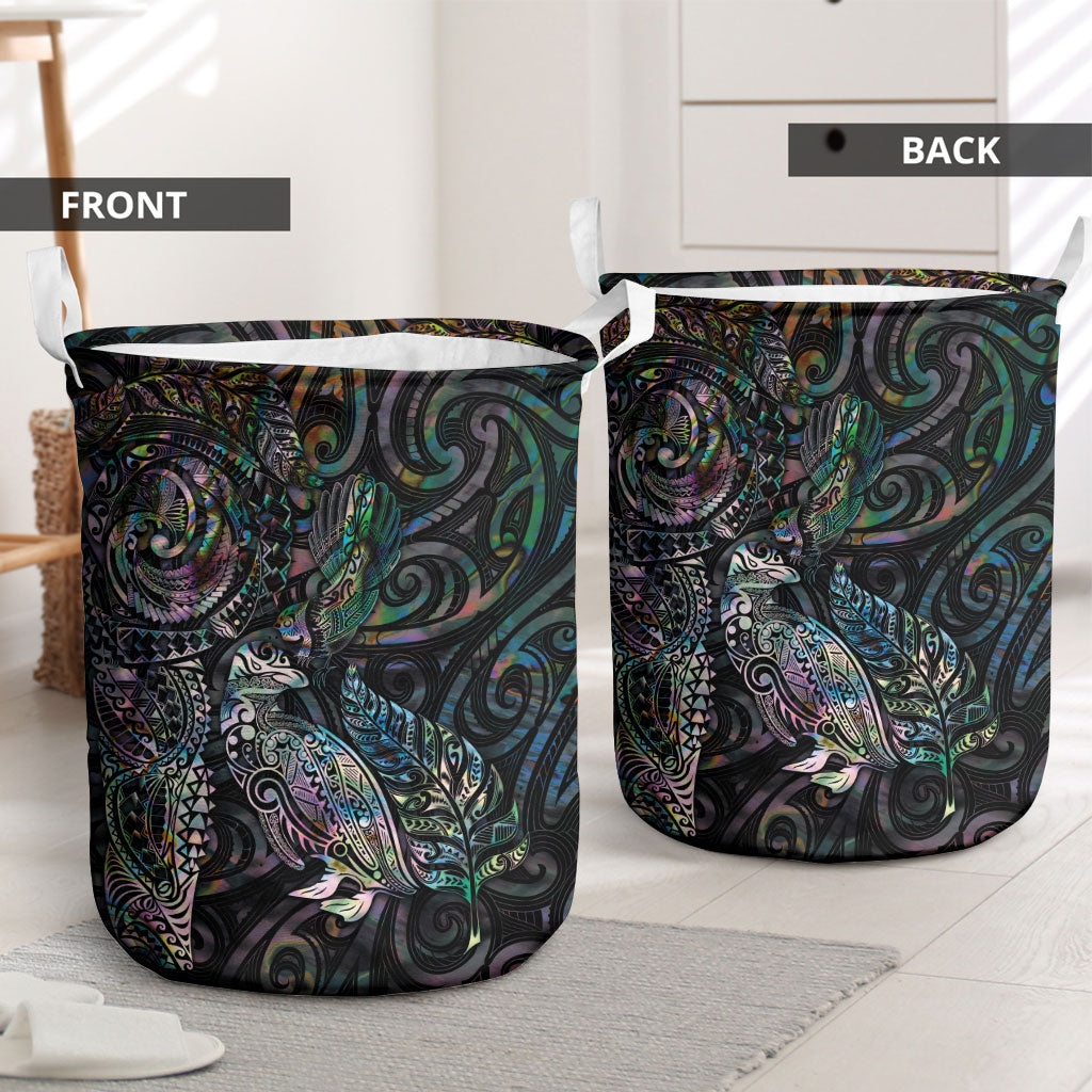 Aotearoa Moko Tribal Tattoo Laundry Basket New Zealand Maori Penguin and Fantail Paua Shell Style LT03 - Polynesian Pride