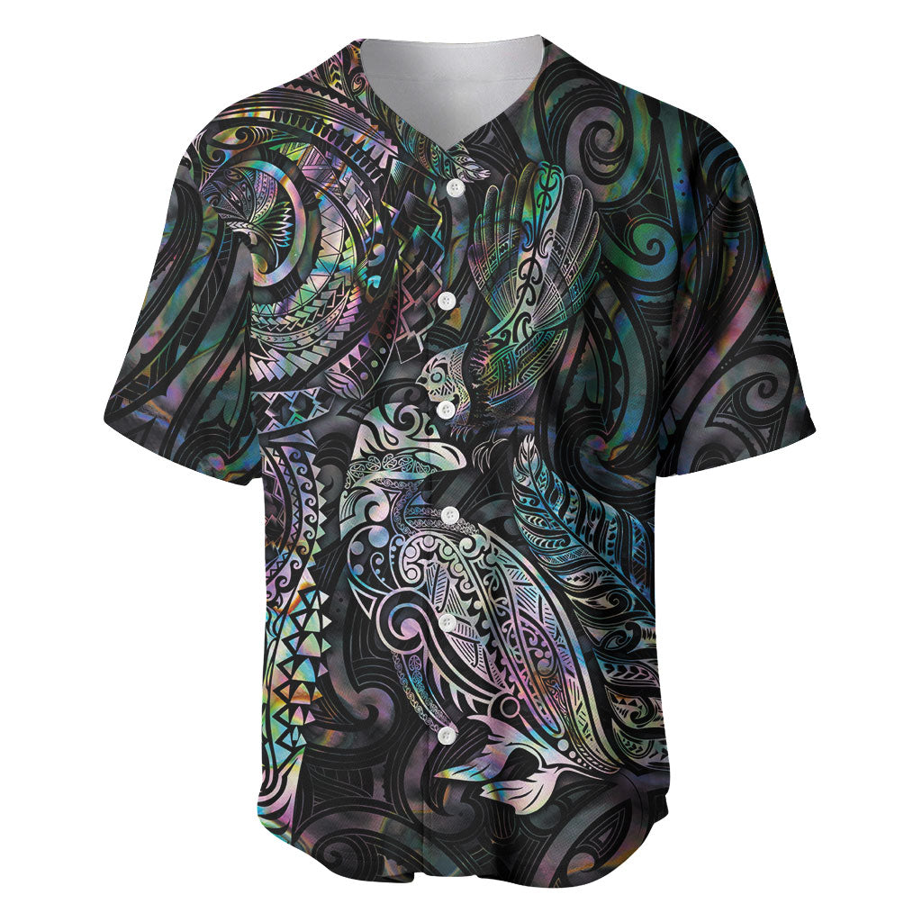 Aotearoa Moko Tribal Tattoo Baseball Jersey New Zealand Maori Penguin and Fantail Paua Shell Style
