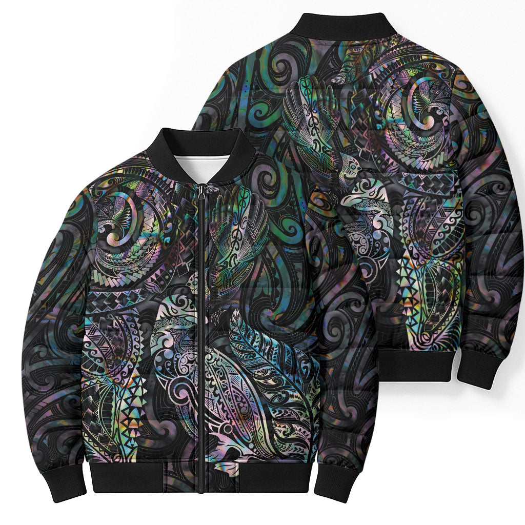 Aotearoa Moko Tribal Tattoo Bomber Puffer Jacket New Zealand Maori Penguin and Fantail Paua Shell Style LT03 - Polynesian Pride