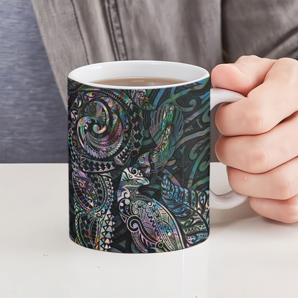 Aotearoa Moko Tribal Tattoo Ceramic Mug New Zealand Maori Penguin and Fantail Paua Shell Style LT03 - Polynesian Pride