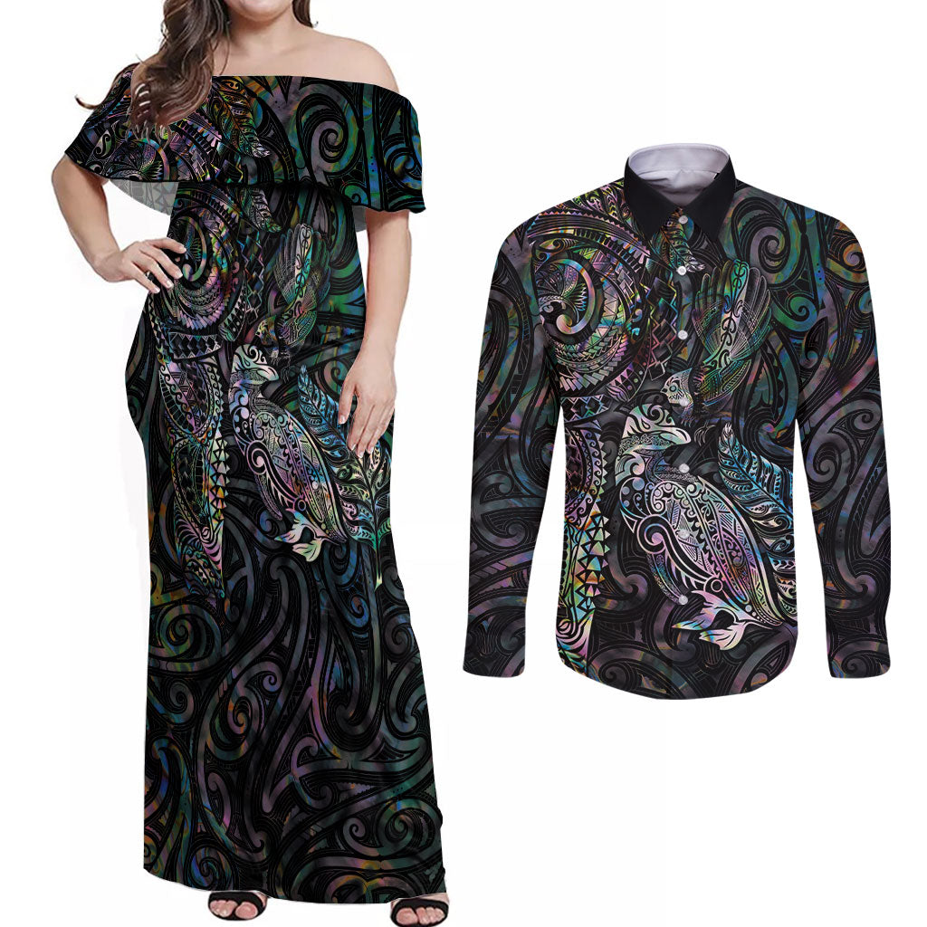 Aotearoa Moko Tribal Tattoo Couples Matching Off Shoulder Maxi Dress and Long Sleeve Button Shirt New Zealand Maori Penguin and Fantail Paua Shell Style LT03 Multicolor - Polynesian Pride