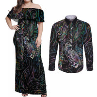 Aotearoa Moko Tribal Tattoo Couples Matching Off Shoulder Maxi Dress and Long Sleeve Button Shirt New Zealand Maori Penguin and Fantail Paua Shell Style LT03 Multicolor - Polynesian Pride