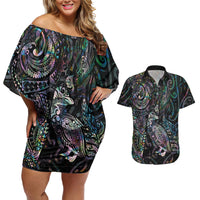 Aotearoa Moko Tribal Tattoo Couples Matching Off Shoulder Short Dress and Hawaiian Shirt New Zealand Maori Penguin and Fantail Paua Shell Style LT03 Multicolor - Polynesian Pride