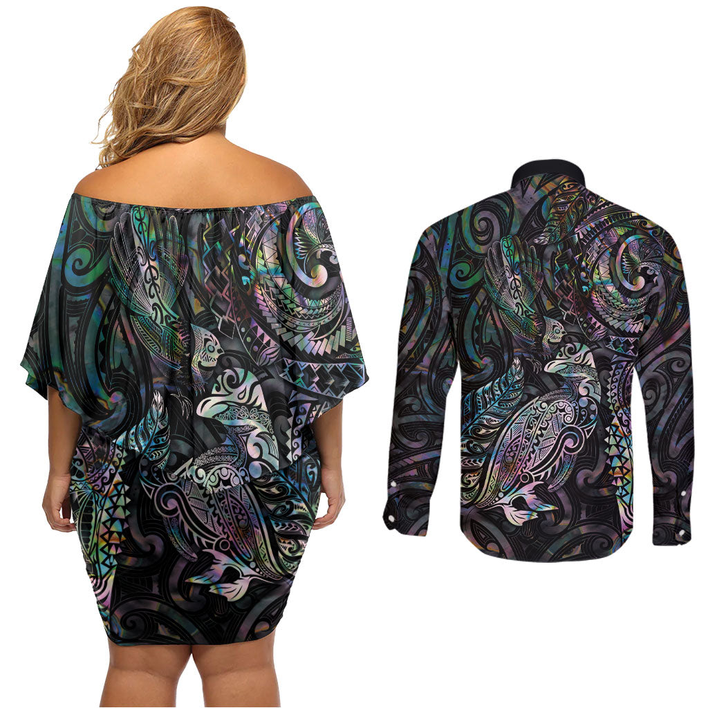 Aotearoa Moko Tribal Tattoo Couples Matching Off Shoulder Short Dress and Long Sleeve Button Shirt New Zealand Maori Penguin and Fantail Paua Shell Style LT03 - Polynesian Pride