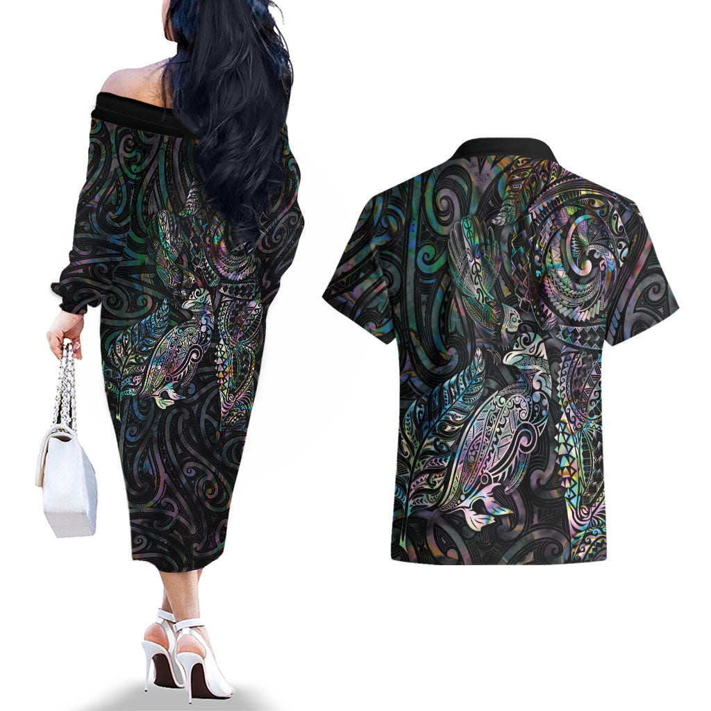Aotearoa Moko Tribal Tattoo Couples Matching Off The Shoulder Long Sleeve Dress and Hawaiian Shirt New Zealand Maori Penguin and Fantail Paua Shell Style LT03 - Polynesian Pride