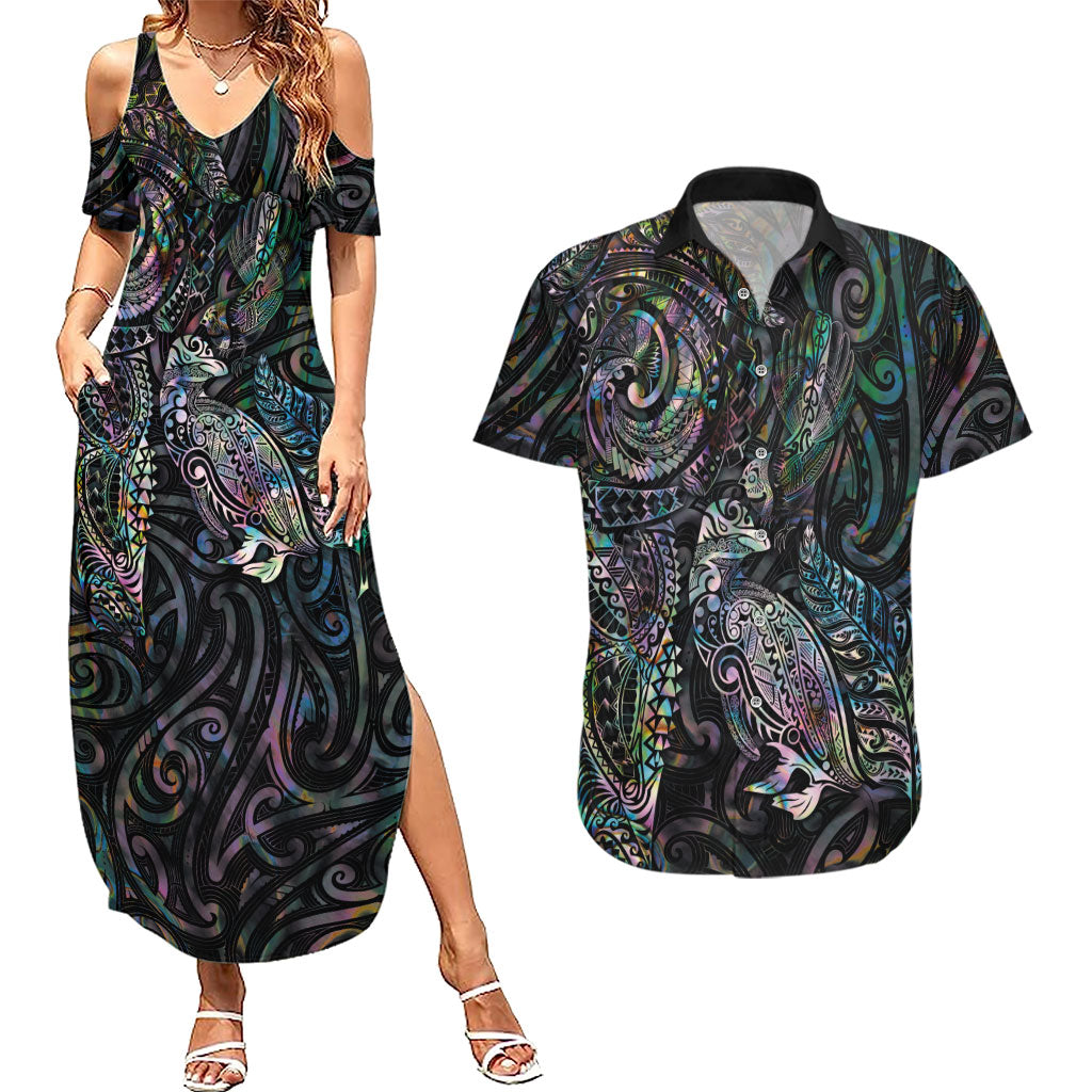 Aotearoa Moko Tribal Tattoo Couples Matching Summer Maxi Dress and Hawaiian Shirt New Zealand Maori Penguin and Fantail Paua Shell Style LT03 Multicolor - Polynesian Pride