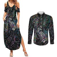 Aotearoa Moko Tribal Tattoo Couples Matching Summer Maxi Dress and Long Sleeve Button Shirt New Zealand Maori Penguin and Fantail Paua Shell Style LT03 Multicolor - Polynesian Pride