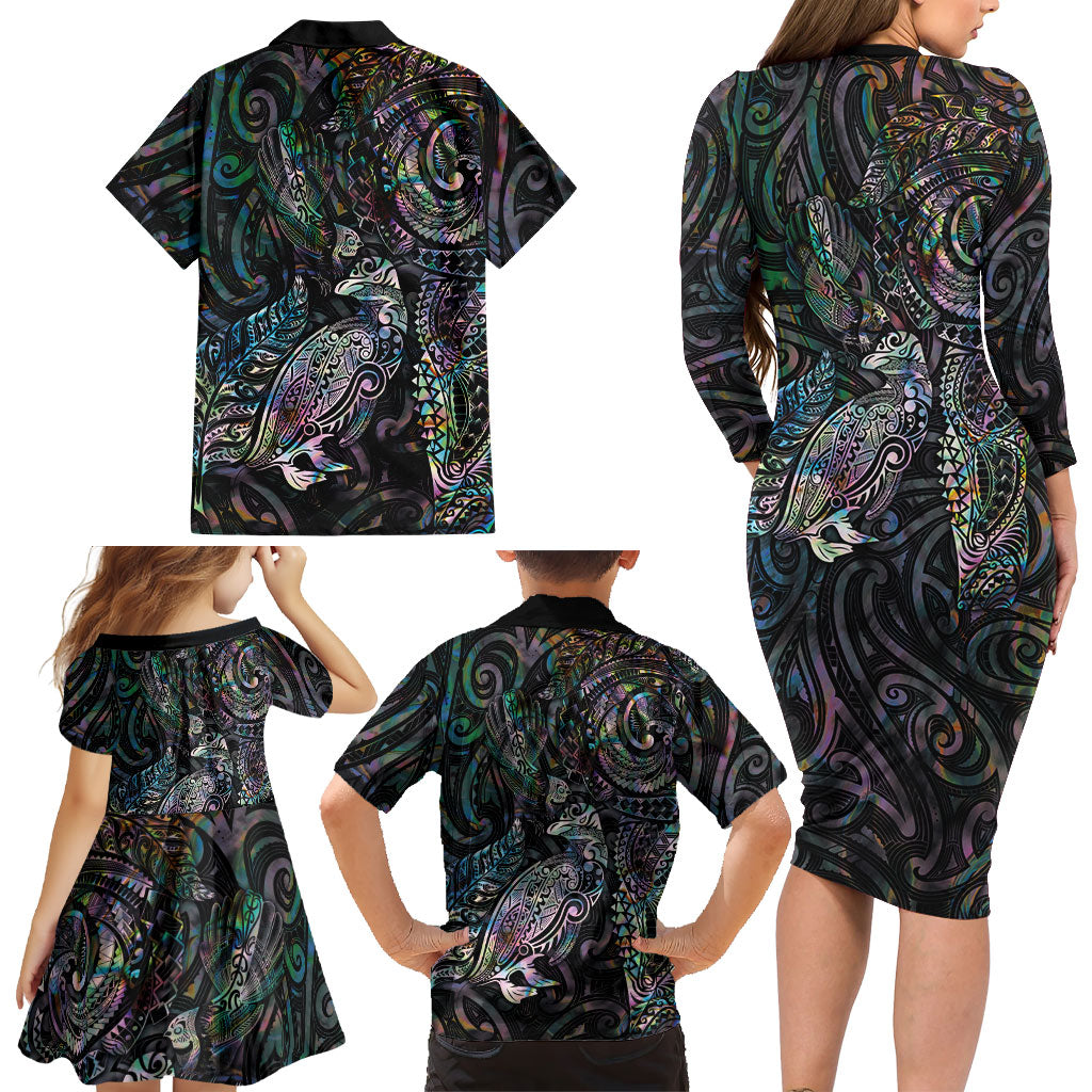 Aotearoa Moko Tribal Tattoo Family Matching Long Sleeve Bodycon Dress and Hawaiian Shirt New Zealand Maori Penguin and Fantail Paua Shell Style LT03 - Polynesian Pride