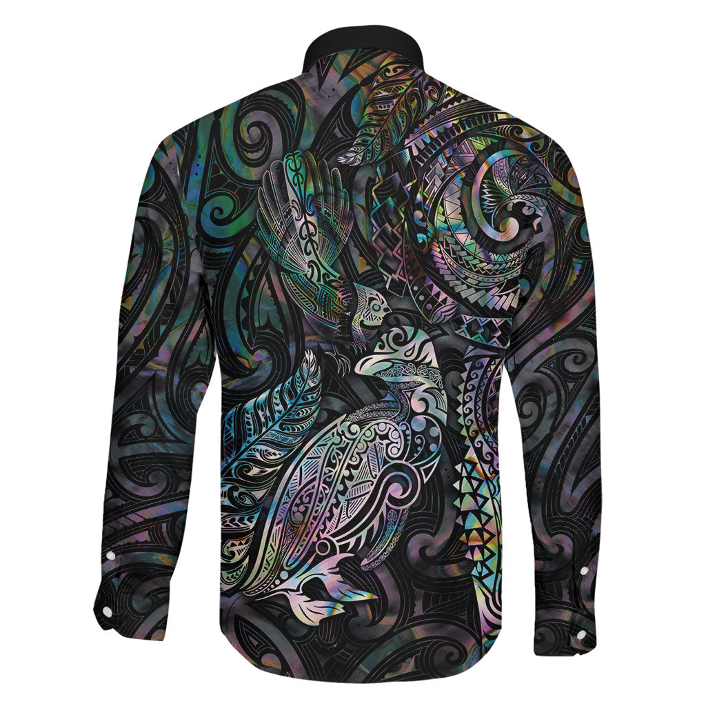 Aotearoa Moko Tribal Tattoo Family Matching Long Sleeve Bodycon Dress and Hawaiian Shirt New Zealand Maori Penguin and Fantail Paua Shell Style LT03 - Polynesian Pride