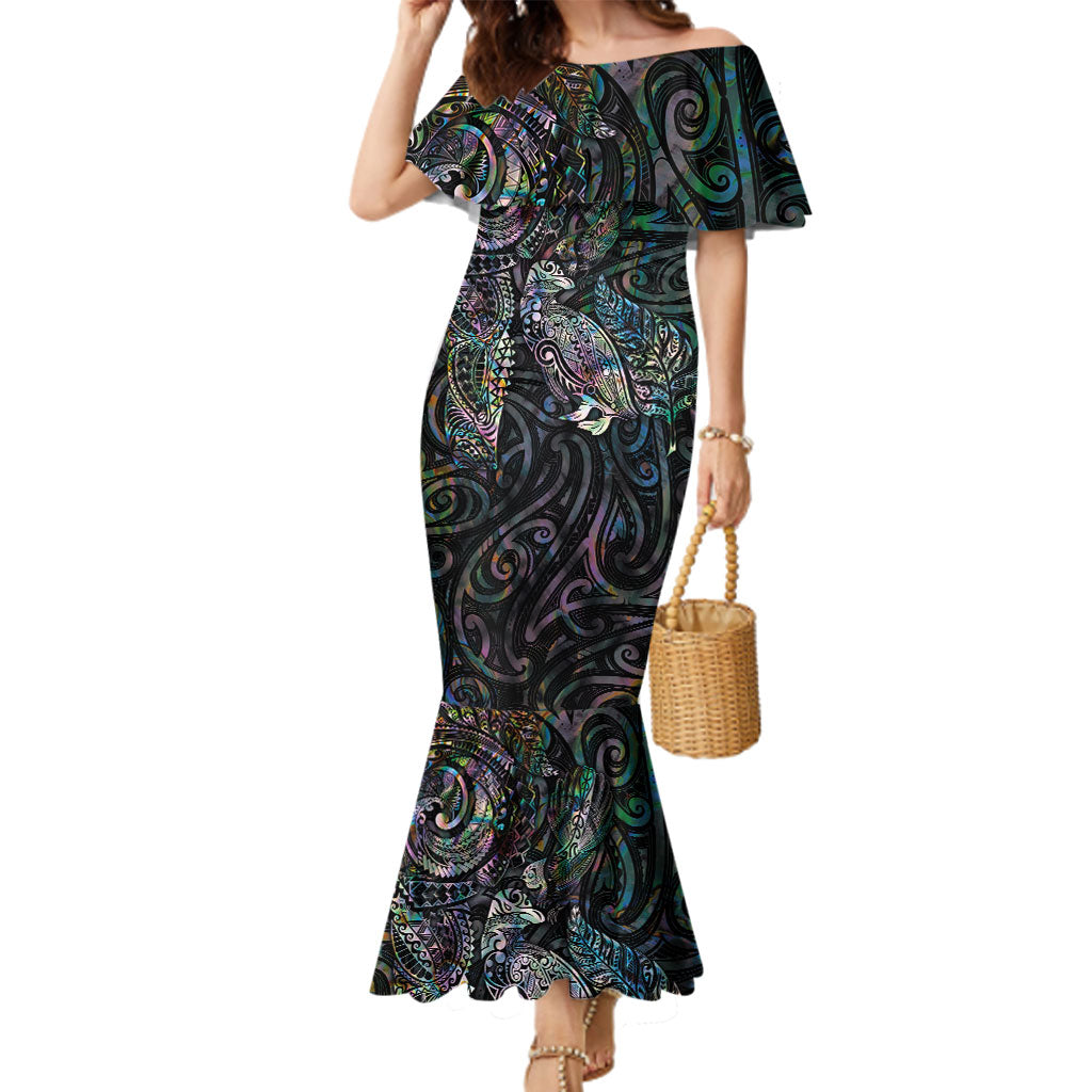Aotearoa Moko Tribal Tattoo Family Matching Mermaid Dress and Hawaiian Shirt New Zealand Maori Penguin and Fantail Paua Shell Style LT03 Mom's Dress Multicolor - Polynesian Pride
