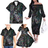 Aotearoa Moko Tribal Tattoo Family Matching Off The Shoulder Long Sleeve Dress and Hawaiian Shirt New Zealand Maori Penguin and Fantail Paua Shell Style LT03 - Polynesian Pride