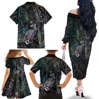Aotearoa Moko Tribal Tattoo Family Matching Off The Shoulder Long Sleeve Dress and Hawaiian Shirt New Zealand Maori Penguin and Fantail Paua Shell Style LT03 - Polynesian Pride
