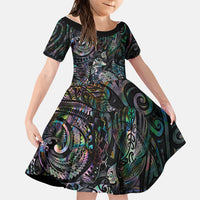 Aotearoa Moko Tribal Tattoo Family Matching Off Shoulder Maxi Dress and Hawaiian Shirt New Zealand Maori Penguin and Fantail Paua Shell Style LT03 Daughter's Dress Multicolor - Polynesian Pride
