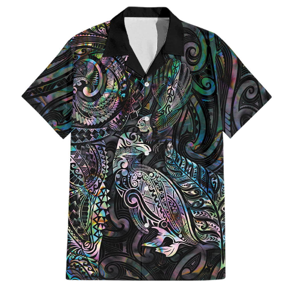 Aotearoa Moko Tribal Tattoo Family Matching Off Shoulder Maxi Dress and Hawaiian Shirt New Zealand Maori Penguin and Fantail Paua Shell Style LT03 Dad's Shirt - Short Sleeve Multicolor - Polynesian Pride