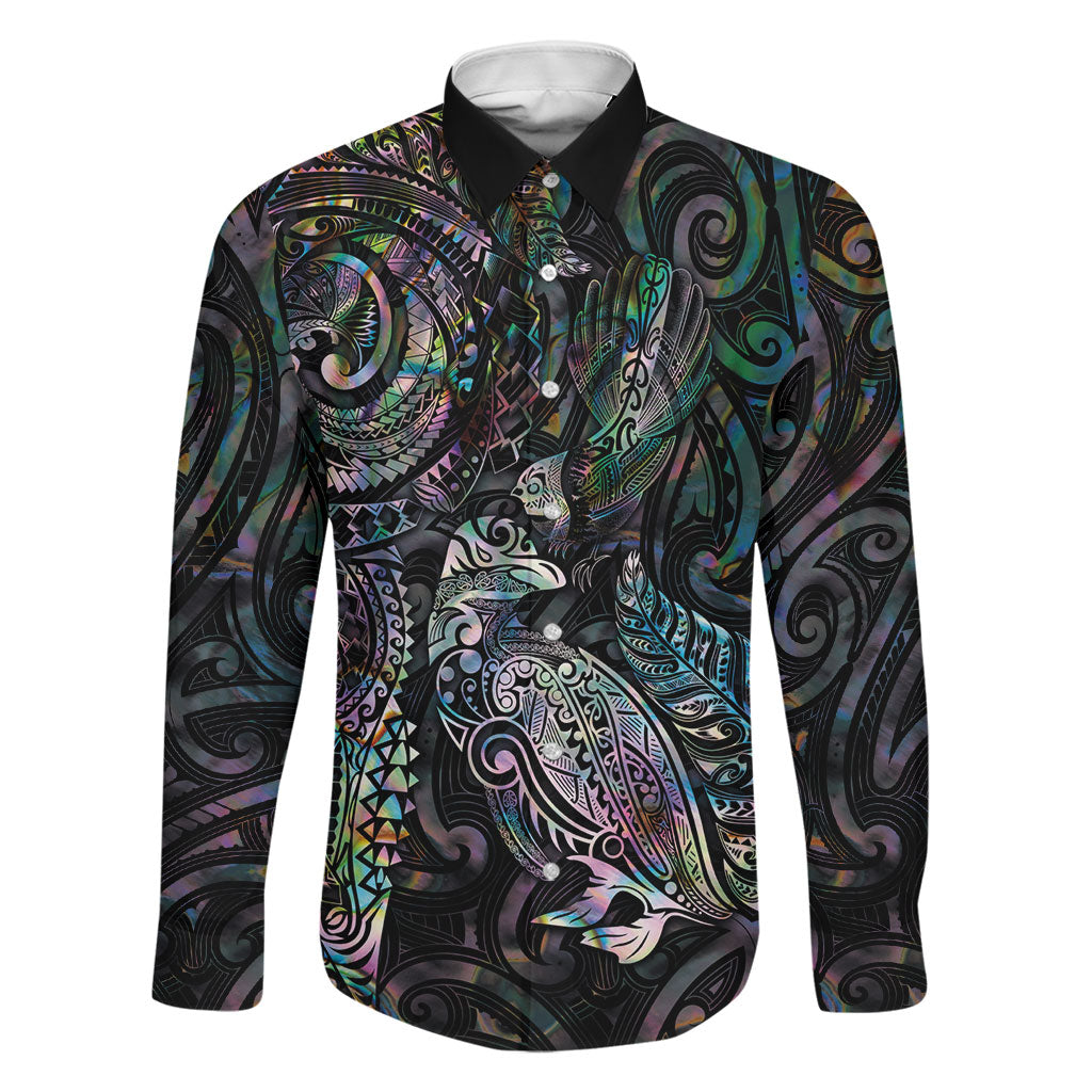 Aotearoa Moko Tribal Tattoo Family Matching Off Shoulder Maxi Dress and Hawaiian Shirt New Zealand Maori Penguin and Fantail Paua Shell Style LT03 Dad's Shirt - Long Sleeve Multicolor - Polynesian Pride