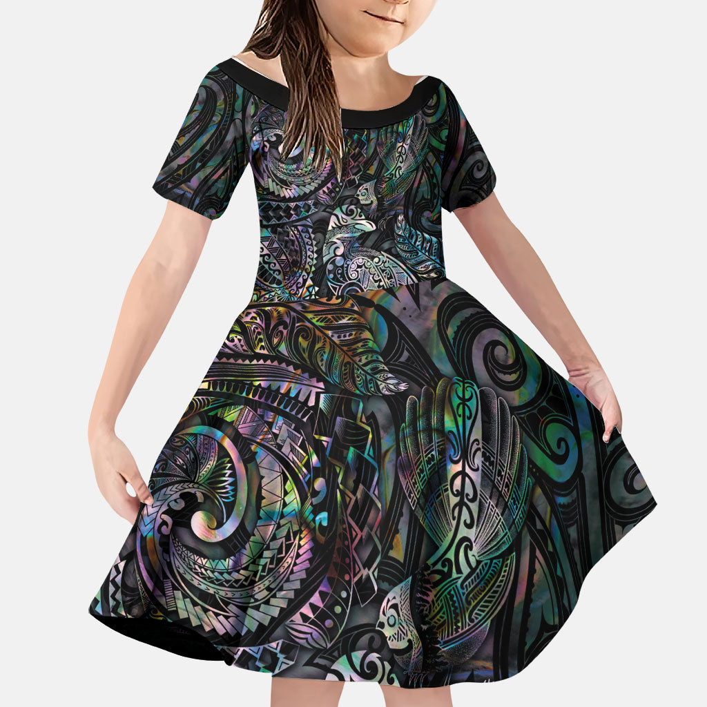 Aotearoa Moko Tribal Tattoo Family Matching Puletasi and Hawaiian Shirt New Zealand Maori Penguin and Fantail Paua Shell Style LT03 Daughter's Dress Multicolor - Polynesian Pride