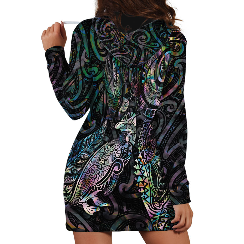 Aotearoa Moko Tribal Tattoo Hoodie Dress New Zealand Maori Penguin and Fantail Paua Shell Style LT03 - Polynesian Pride