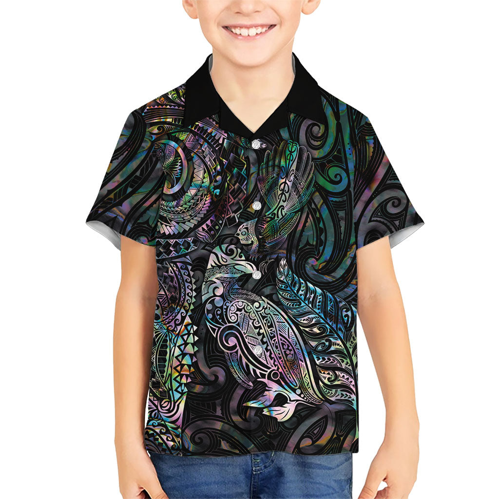 Aotearoa Moko Tribal Tattoo Kid Hawaiian Shirt New Zealand Maori Penguin and Fantail Paua Shell Style LT03 Kid Multicolor - Polynesian Pride