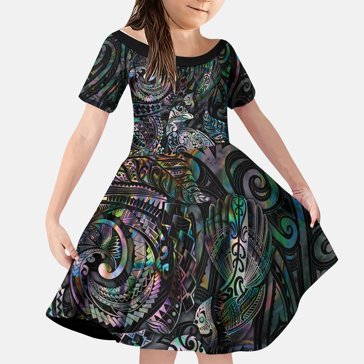 Aotearoa Moko Tribal Tattoo Kid Short Sleeve Dress New Zealand Maori Penguin and Fantail Paua Shell Style LT03 KID Multicolor - Polynesian Pride