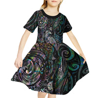 Aotearoa Moko Tribal Tattoo Kid Short Sleeve Dress New Zealand Maori Penguin and Fantail Paua Shell Style LT03 - Polynesian Pride