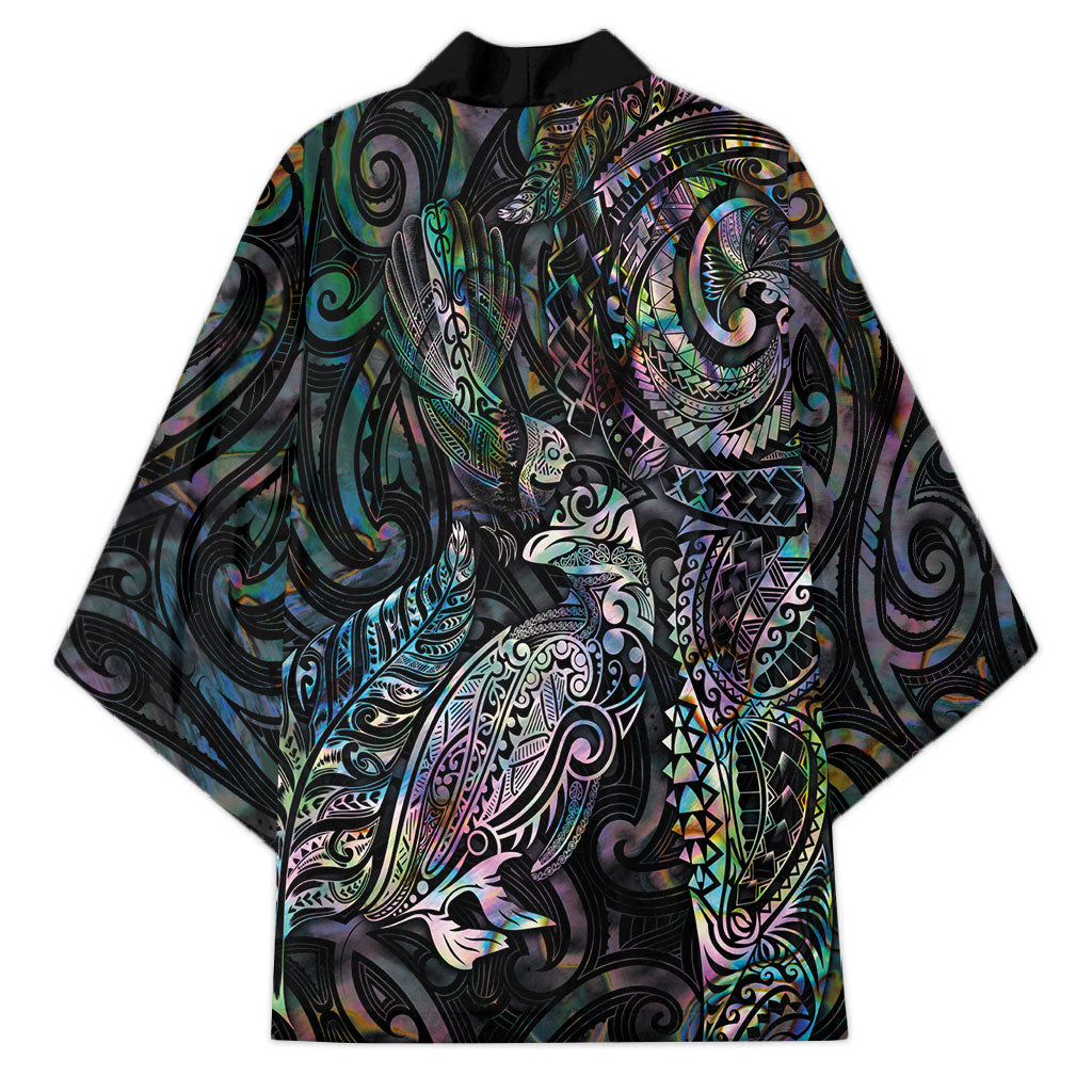 Aotearoa Moko Tribal Tattoo Kimono New Zealand Maori Penguin and Fantail Paua Shell Style LT03 - Polynesian Pride