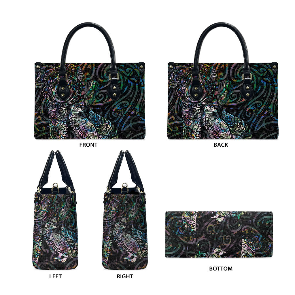 Aotearoa Moko Tribal Tattoo Leather Bag New Zealand Maori Penguin and Fantail Paua Shell Style LT03 - Polynesian Pride