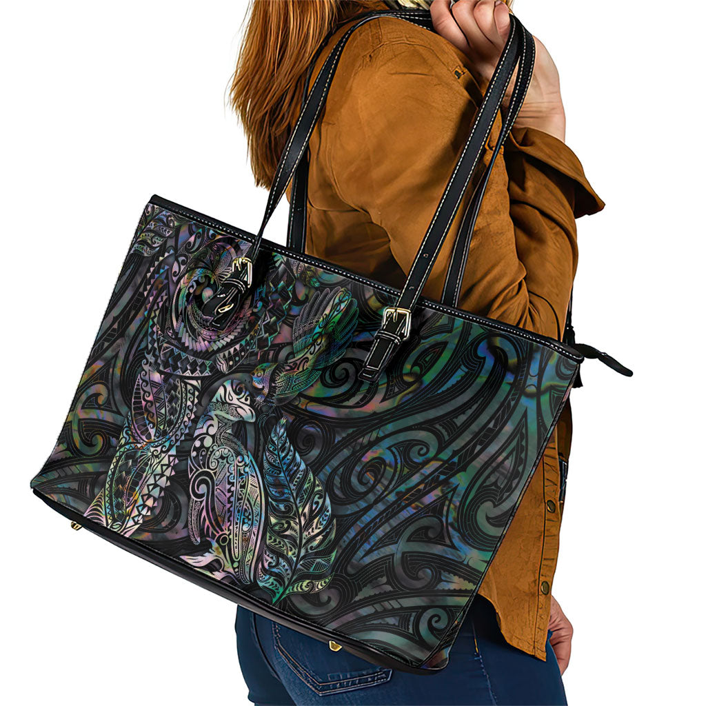Aotearoa Moko Tribal Tattoo Leather Tote Bag New Zealand Maori Penguin and Fantail Paua Shell Style LT03 - Polynesian Pride