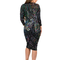 Aotearoa Moko Tribal Tattoo Long Sleeve Bodycon Dress New Zealand Maori Penguin and Fantail Paua Shell Style LT03 - Polynesian Pride