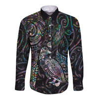 Aotearoa Moko Tribal Tattoo Long Sleeve Button Shirt New Zealand Maori Penguin and Fantail Paua Shell Style LT03 Unisex Multicolor - Polynesian Pride