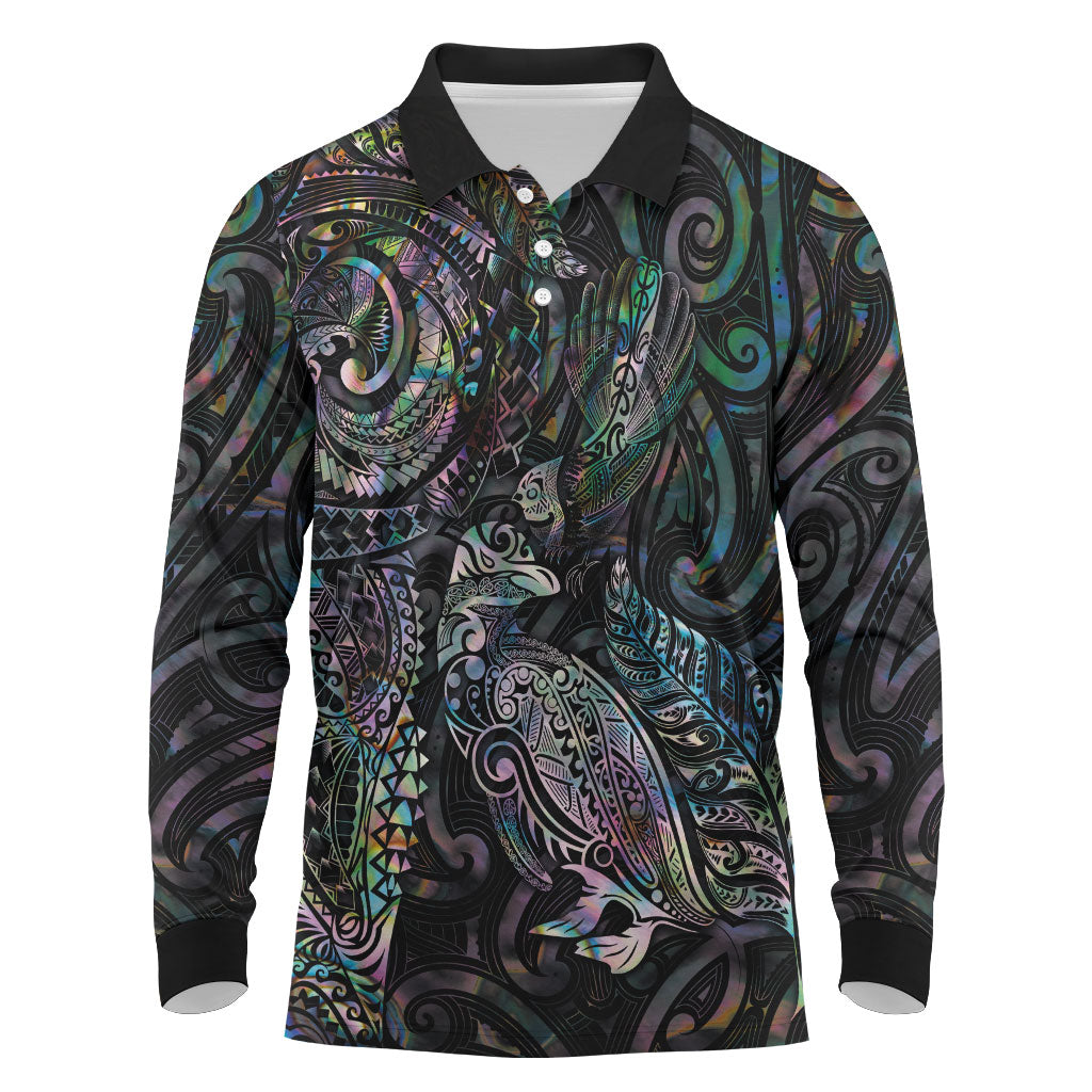 Aotearoa Moko Tribal Tattoo Long Sleeve Polo Shirt New Zealand Maori Penguin and Fantail Paua Shell Style LT03 Multicolor - Polynesian Pride