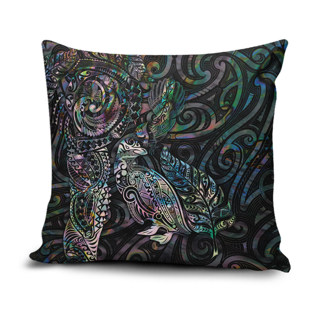 Aotearoa Moko Tribal Tattoo Pillow Cover New Zealand Maori Penguin and Fantail Paua Shell Style
